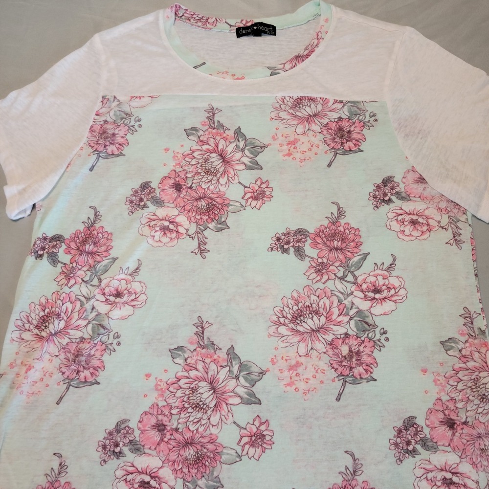 Derek Heart Floral T-Shirt Women 2X Mint Green Pink White Slub Knit Cottagecore